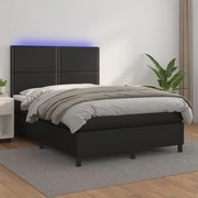 Cama box spring c/ colchão/LED 140x190cm couro artificial preto