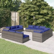 12 pcs conjunto lounge de jardim c/ almofadões vime PE cinzento