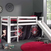 Conjunto Cama alta de Criança PINO 90 x 200 cm + estrado + escada + escorrega + cortina Piratas Branca