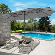Conjunto de guarda-sol dupla face de 470 cm com 48 luzes LED solares e base recheável de 80 kg, com sistema de manivela, para jardim e piscina, cinzen