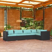 5 pcs conjunto lounge de jardim c/ almofadões vime PE preto