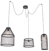 Candeeiro de teto exterior rústico preto em ráfia 3-luzes - Calamus Rústico