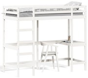 vidaXL Cama alta com secretária 75x190 cm pinho maciço branco