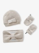 Agora -25%: Conjunto com laço: gorro + gola snood+ luvas, para bebé menina cru