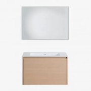 Conjunto De Móvel De Casa De Banho Suspenso 80x50 Cm Em Madeira Com Lavatório Integrado Jacob Madeira Natural & Led Retangular - Sklum