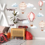 Autocolantes de parede - Aviões e balões em aguarela em coral