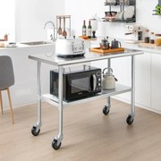 Carrinho de Cozinha Mesa de trabalho em aço inoxidável com 4 rodas Pernas galvanizadas Estante ajustável para cozinha 122 x 61 x 89 cm Prateada