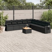 vidaXL 10 pcs conjunto sofás de jardim c/ almofadões vime PE preto