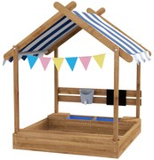 Outsunny Caixa de Areia para Crianças de Madeira com Toldo Torneira e Ardósia para Pátio Jardim 124x116x146 cm Castanho