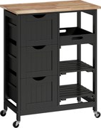 HOMCOM Carrinho de Cozinha com Rodas com 3 Gavetas 2 Prateleiras Abertas e Bandeja 67x37x85,5 cm Preto | Aosom Portugal