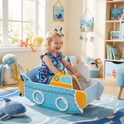 Barco baloiço de madeira de Madeira para crianças com mais de 1 ano 70 x 33,5 x 37 cm, com tema submarino, hélice giratória, Azul+Amarelo