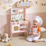 Cozinha de Brincar em Madeira com Som Acessórios em Aço Inoxidável Micro-Ondas Forno Lava-Loiças Legumes para Cortar 55x24x96 cm Rosa