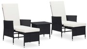 3 pcs conjunto lounge de jardim c/ almofadões vime PE preto