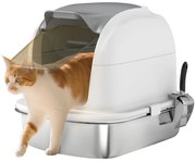 PawHut Caixa de Areia para Gatos em Aço Inoxidável XL Caixa de Areia para Gatos Grandes com Tampa Abatível Laterais Alta Entrada Superior Pá sem Odores Fácil de Limpar Antifugas 52,4x41,3x42 cm Branco