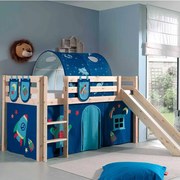 Conjunto Cama alta de Criança PINO 90 x 200 cm + estrado + escada + escorrega + cortina + túnel + bolsas de arrumação Astronauta Natural