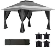 Outsunny Pérgola Dobrável 356x356x280 cm com 4 Paredes Laterais de Malha Anti-UV Altura Ajustável e Bolsa de Transporte Cinza Escuro | Aosom Portugal
