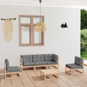 6 pcs conjunto lounge de jardim com almofadões pinho maciço