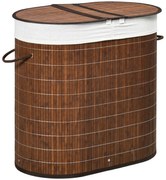 HOMCOM Cesto de Roupa Suja Bambu 100L com Bolsa 2 Compartimentos Prático 62,5x37x60,5cm Marrom | Aosom Portugal