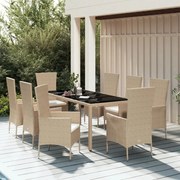 vidaXL 9 pcs conjunto de jantar p/ jardim com almofadões vime PE bege