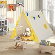 Tenda de brincar infantil com estrutura de madeira, tenda de lona de algodão para teatro infantil interno e externo Bege + Amarelo