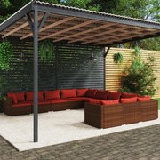 11 pcs conjunto lounge jardim c/ almofadões vime PE castanho