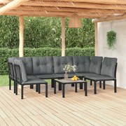 7 pcs conjunto lounge de jardim vime PE preto e cinzento