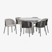 Conjunto De Mesa Redonda Em Cimento (ø120 Cm) Noemi E 6 Cadeiras De Jantar Em Madeira Estofadas Amieva Cinzento Areia - Sklum