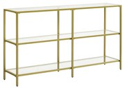 Mesa de Console VASAGLE, Mesa de Sofá com 3 Prateleiras, Prateleira de Vidro Temperado, 130 x 30 x 73,3 cm, Estrutura de Metal, Moderna, para Corredor, Sala de Estar, Quarto, Cor Dourada LGT024A01