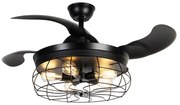 Ventilador de teto preto com pás retráteis 107cm 5-luzes com controle remoto - Gaiola