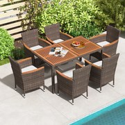 Conjunto de 7 peças de mobiliário de jardim em acácia e rattan com mesa retangular 6 cadeiras almofadas amovíveis para pátio e piscina Castanho e bege