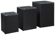 vidaXL Mesas de apoio com tampo de vidro 3 pcs vime PE preto