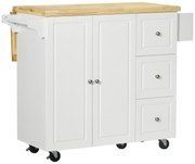 HOMCOM Ilha de cozinha com tampo rebatível 3 gavetas 1 armário porta-panos e porta-especiarias 111,5 x 75 x 89 cm branco | Aosom Portugal