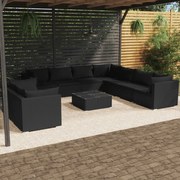 10 pcs conjunto lounge de jardim c/ almofadões vime PE preto