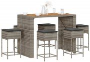vidaXL 7 pcs conjunto de bar p/ jardim c/ almofadões vime PE cinzento