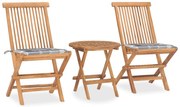 vidaXL 3 pcs conj. jantar dobrável exterior c/ almofadão teca maciça