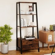 Estante em forma escada 52 x 39,5 x 134 cm com 4 prateleiras abertas e 2 gavetas Castanho Rústico + Preto