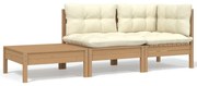 3 pcs conjunto lounge jardim c/ almofadões creme pinho maciço