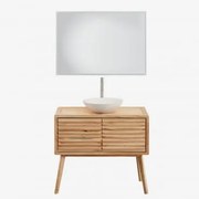Conjunto De Móvel De Casa De Banho Em Madeira Deleyna Madeira Natural & Cimento Redondo Branco Ø40 Cm Zavion & Led Retangular - Sklum