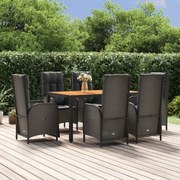 vidaXL 7 pcs conjunto de jantar p/ jardim c/ almofadões vime PE preto