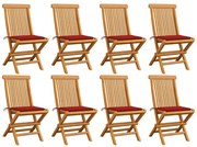 vidaXL Cadeiras de jardim c/ almofadões vermelhos 8 pcs teca maciça
