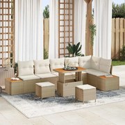 vidaXL Conjunto de sofá de jardim com 9 peças e almofadas bege em rattan sintético e acácia.