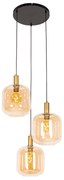 Candeeiro de suspensão design preto com latão e vidro âmbar 3-luzes - Zuzanna Design
