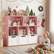 Estante infantil para brinquedos 100 x 33 x 90 cm com 5 compartimentos abertos e 3 gavetas móveis – Organizador de brinquedos com rodas para sala de j