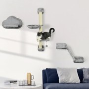 Conjunto de Prateleiras de Escalada para Gatos de 3 Peças com Rede Rampa Arranhador Plataforma em Forma de Nuvem para Saltar Cinzento