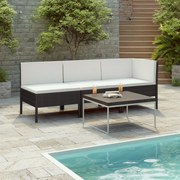 3 pcs conjunto lounge de jardim c/ almofadões vime PE preto