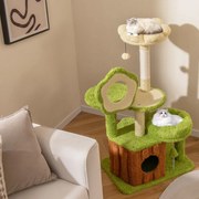 Arranhador para gatos, bosque com tronco, plataforma floral acolchoada, arranhador de sisal e brinquedos verde e castanho