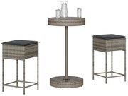 vidaXL 3 pcs conjunto de bar p/ jardim c/ almofadões vime PE cinzento