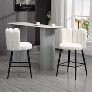 Conjunto de 2 cadeiras altas de bar com apoio para os pés, em aço e tecido com efeito de lã felpuda, altura 65 cm, creme e preto