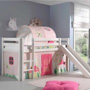 Conjunto Cama alta de Criança PINO 90 x 200 cm + estrado + escada + escorrega + cortina + túnel Primavera branca