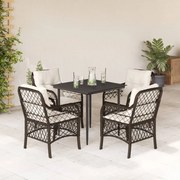 vidaXL 5 pcs conjunto jantar p/ jardim c/ almofadões vime PE castanho